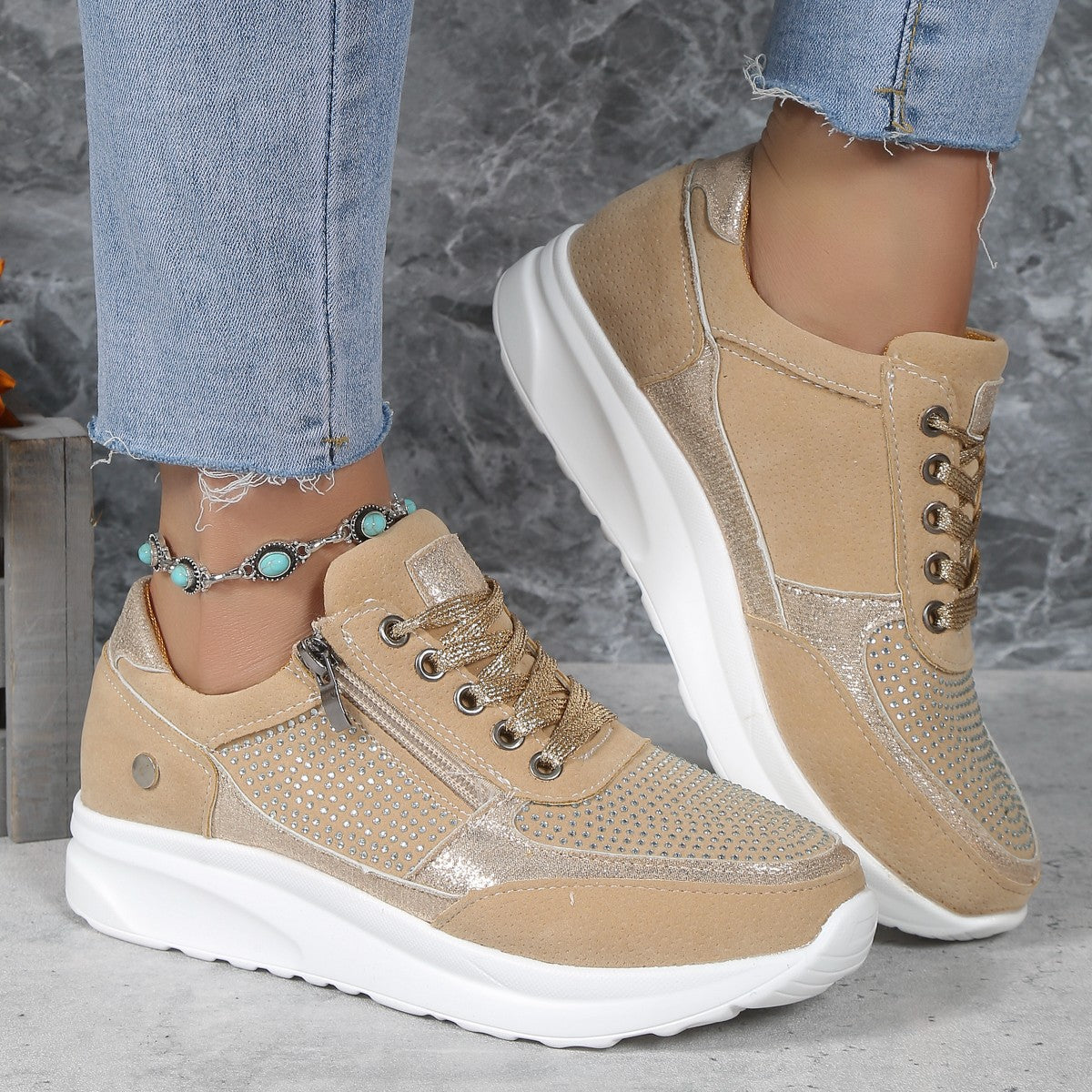 Women's Flat Round-Toe Rhinestone Pumps Sports Casual Loafers