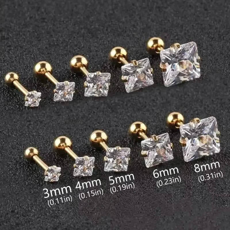316 Stainless Steel Square Stud Earrings with Cubic Zirconia Accents