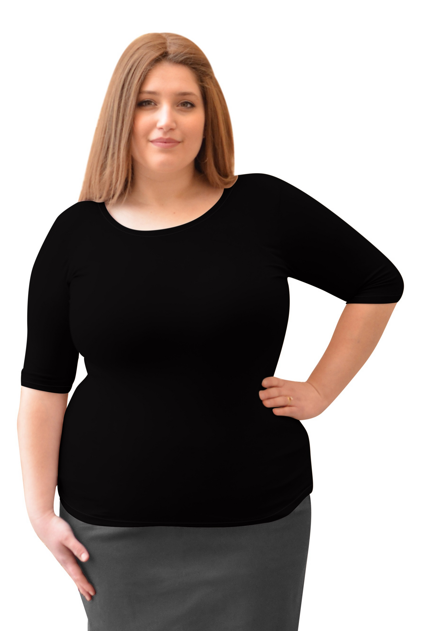 Women's and Plus Size Fitted Layering Shell - Modest Round Neck with Elbow Sleeves
