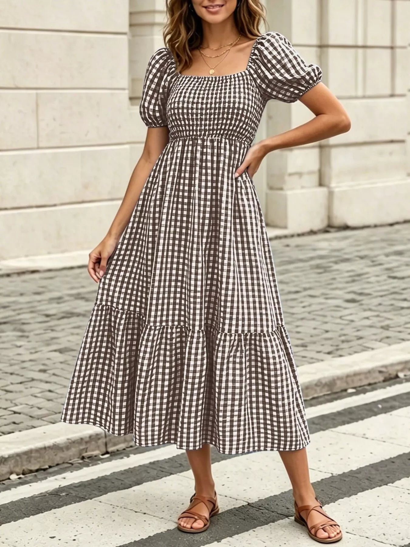 Gingham Smocked Puff Sleeve Midi Dress