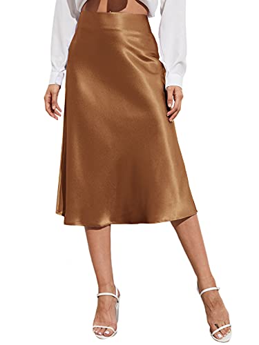 Cream Satin Skirt Outfit - Verdusa Womens Elegant High Waist Satin A Line Flared Midi Skirt