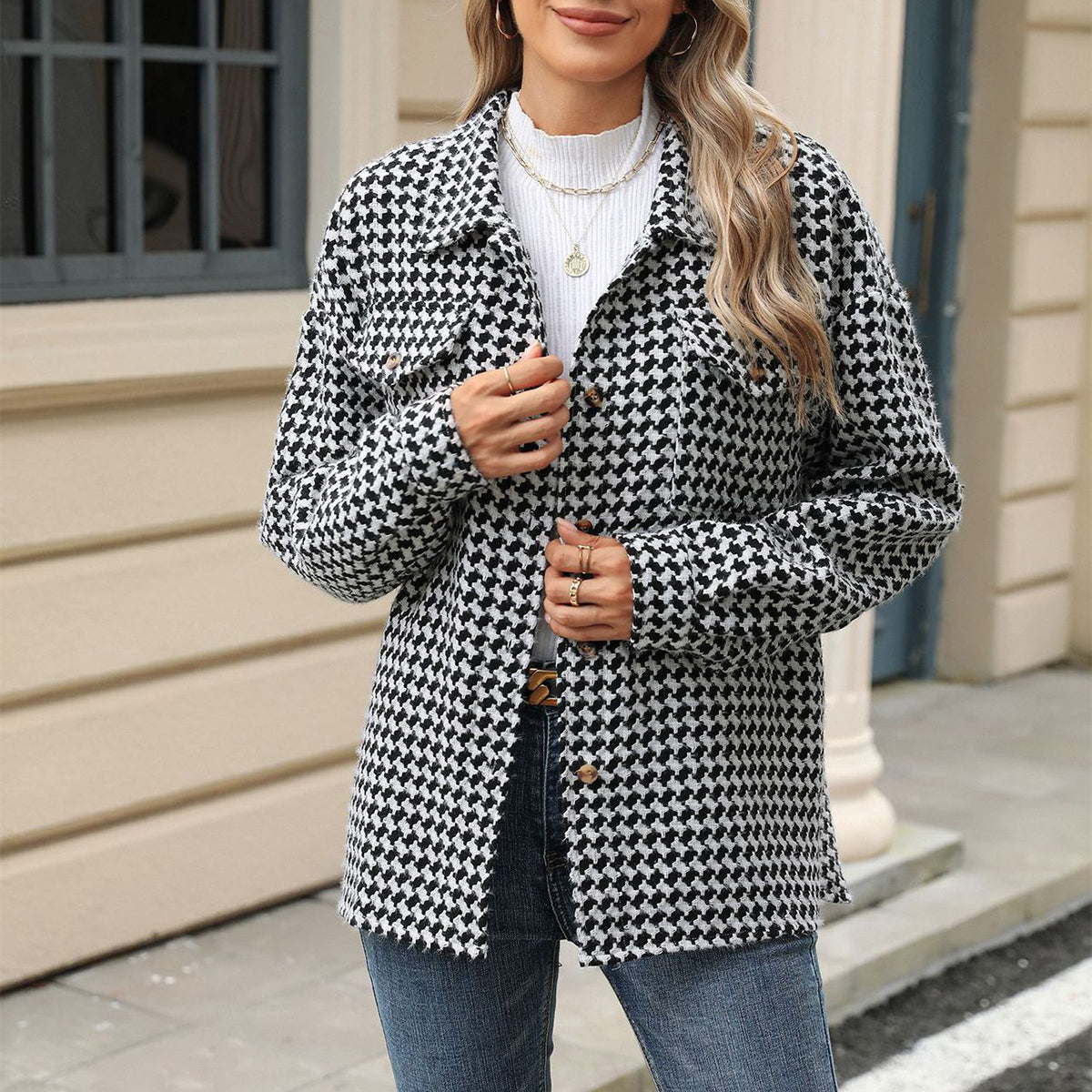 Gabardina de tweed con solapa de pata de gallo, abrigo casual de manga larga suelto con bolsillos, prendas de abrigo para mujer. Ver tabla de tallas en "más detalles".