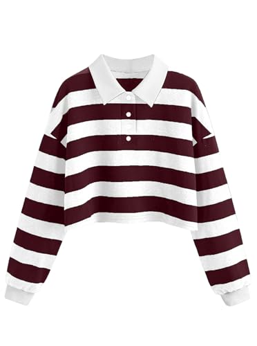 Natalie Winters Dress - Remidoo Women's Collared Half Button Long Sleeve Striped Crop Top Sweatshirt
