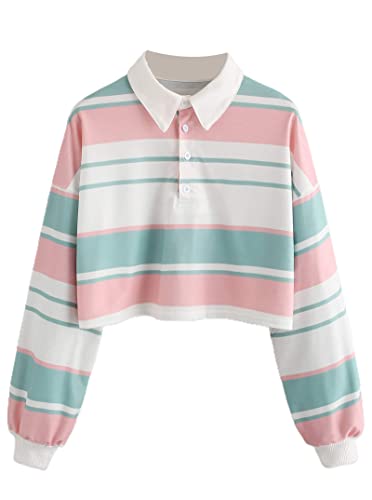 Natalie Winters Dress - Remidoo Women's Collared Half Button Long Sleeve Striped Crop Top Sweatshirt