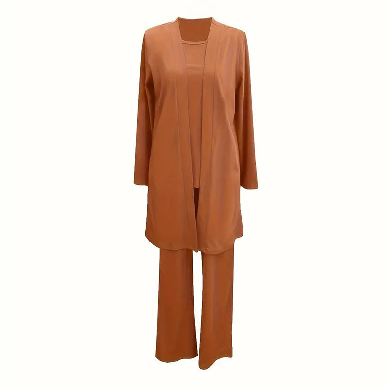 Conjunto informal de 3 piezas de talla grande para mujer, cárdigan abierto, chaleco sin mangas, pantalones, conjunto de salón de color liso