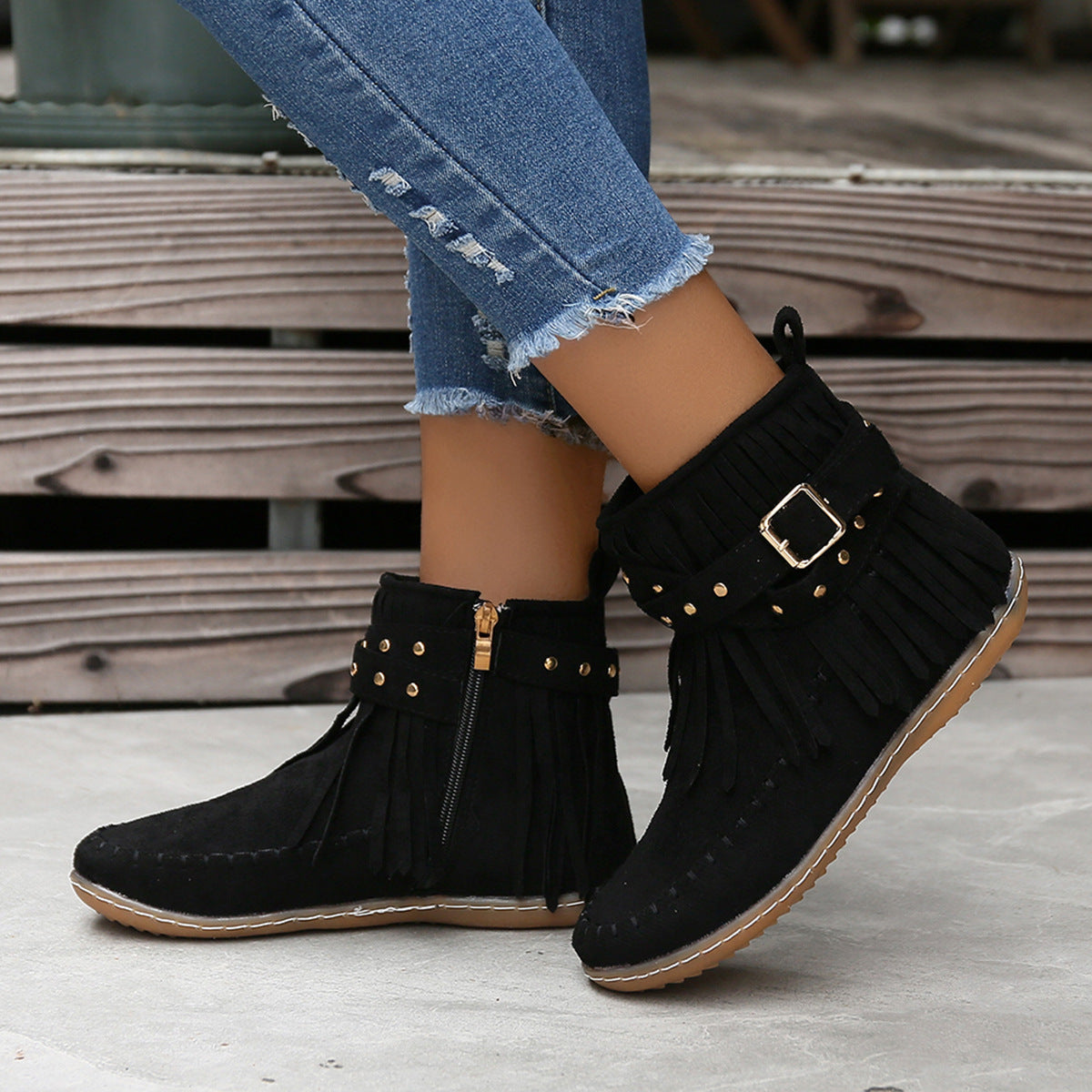 Rivet Flat Tassel Suede Martin Boots