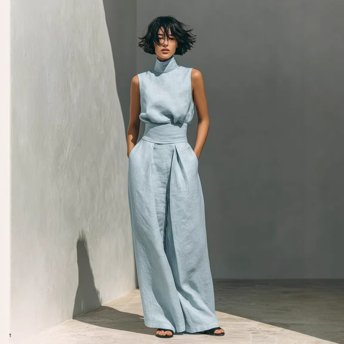 Conjunto de dos piezas de algodón y lino para mujer – Top sin mangas y pantalón de pierna ancha