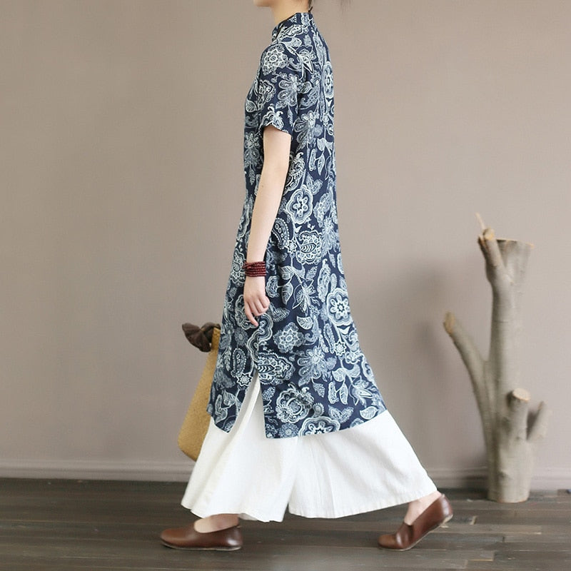 Retro Floral Cotton Dress with Side Slit