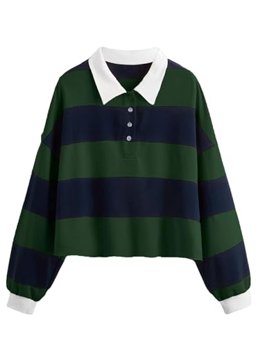 Natalie Winters Dress - Remidoo Women's Collared Half Button Long Sleeve Striped Crop Top Sweatshirt