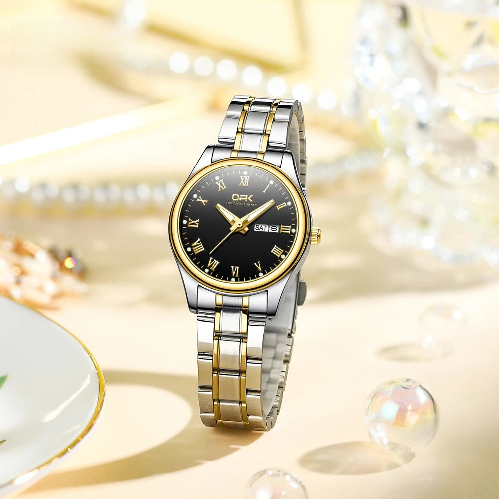 Women's 28mm Roman Numeral Day-Date Quartz Watch, Steel Bracelet