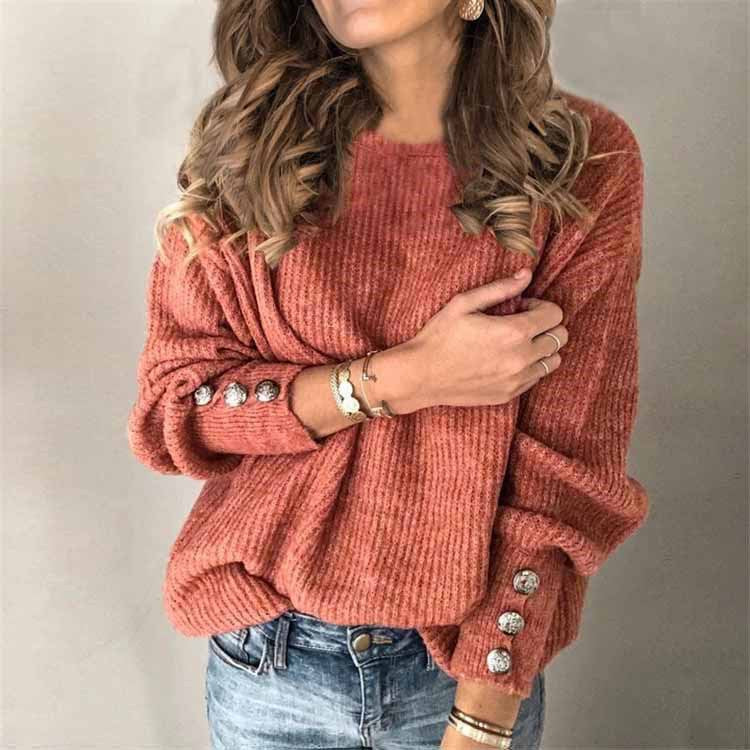 Long Sleeve Round Neck Button Knit T-shirt See size chart under “more details”