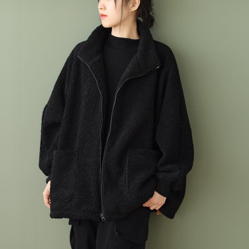 Plus-size Loose-fitting Long-sleeve Womens Casual Lambswool Coat