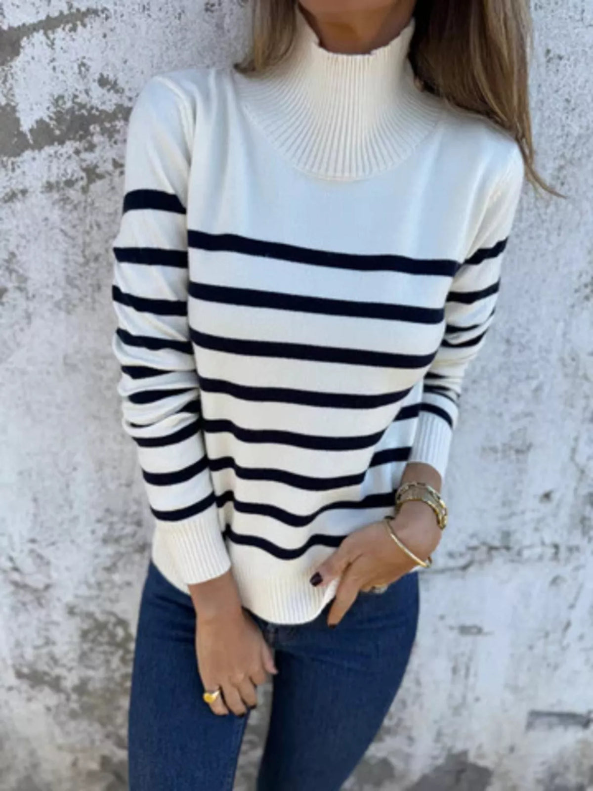 Full Size Striped Turtleneck Long Sleeve Sweater Plus Size