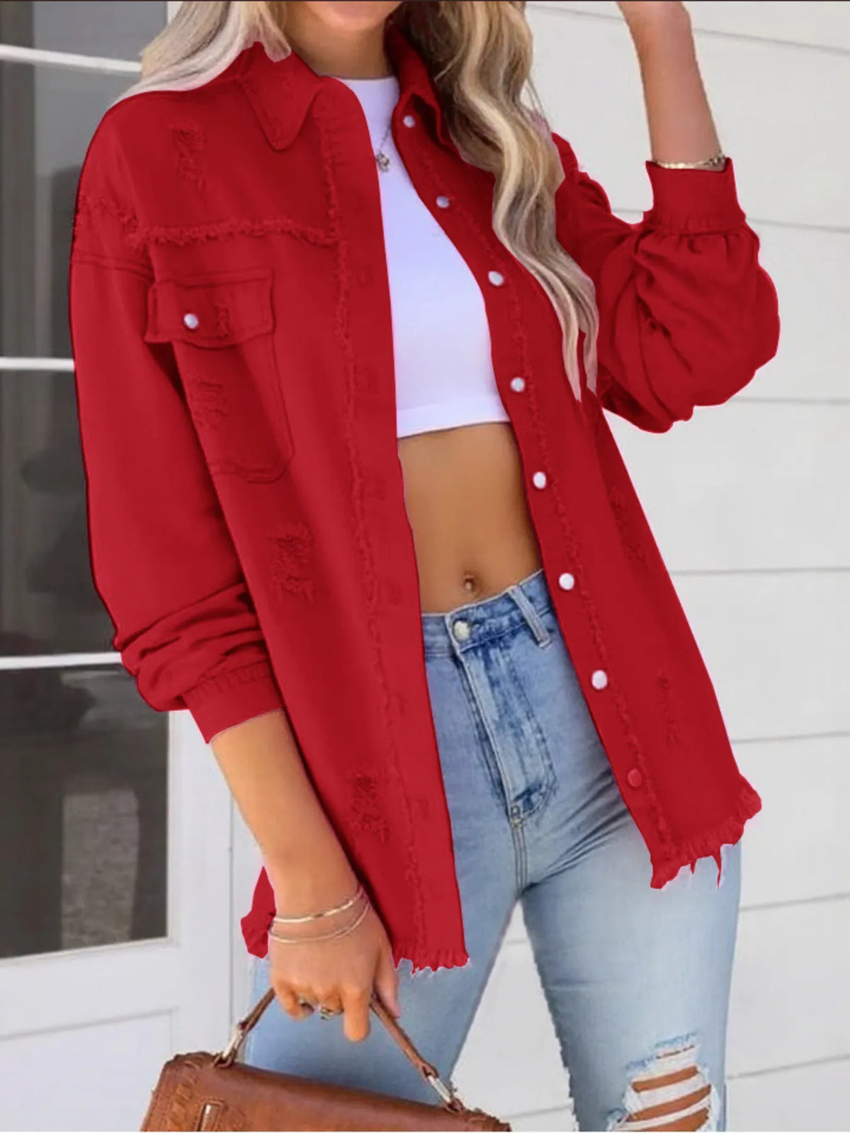 Distressed Denim Jacket with Frayed Edges