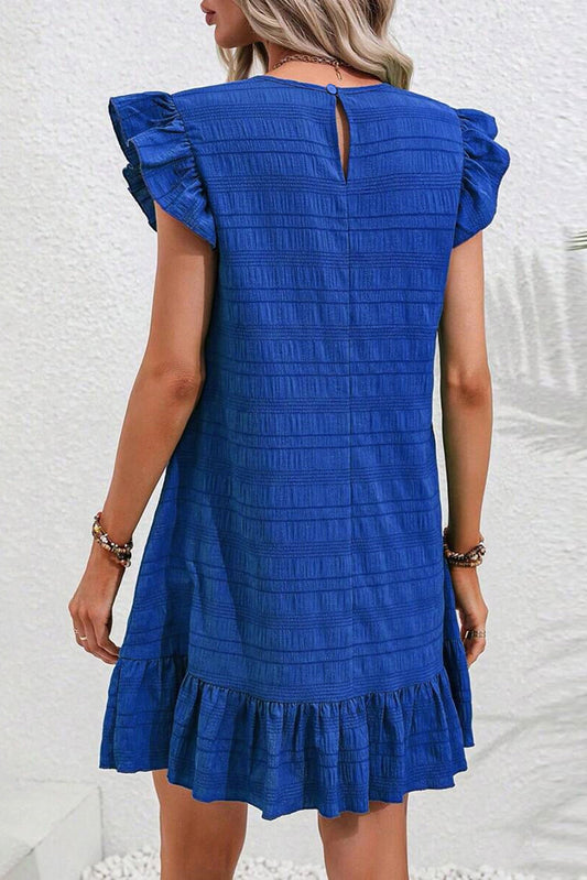Dark Blue Textured Flutter Sleeve Ruffle Mini Dress