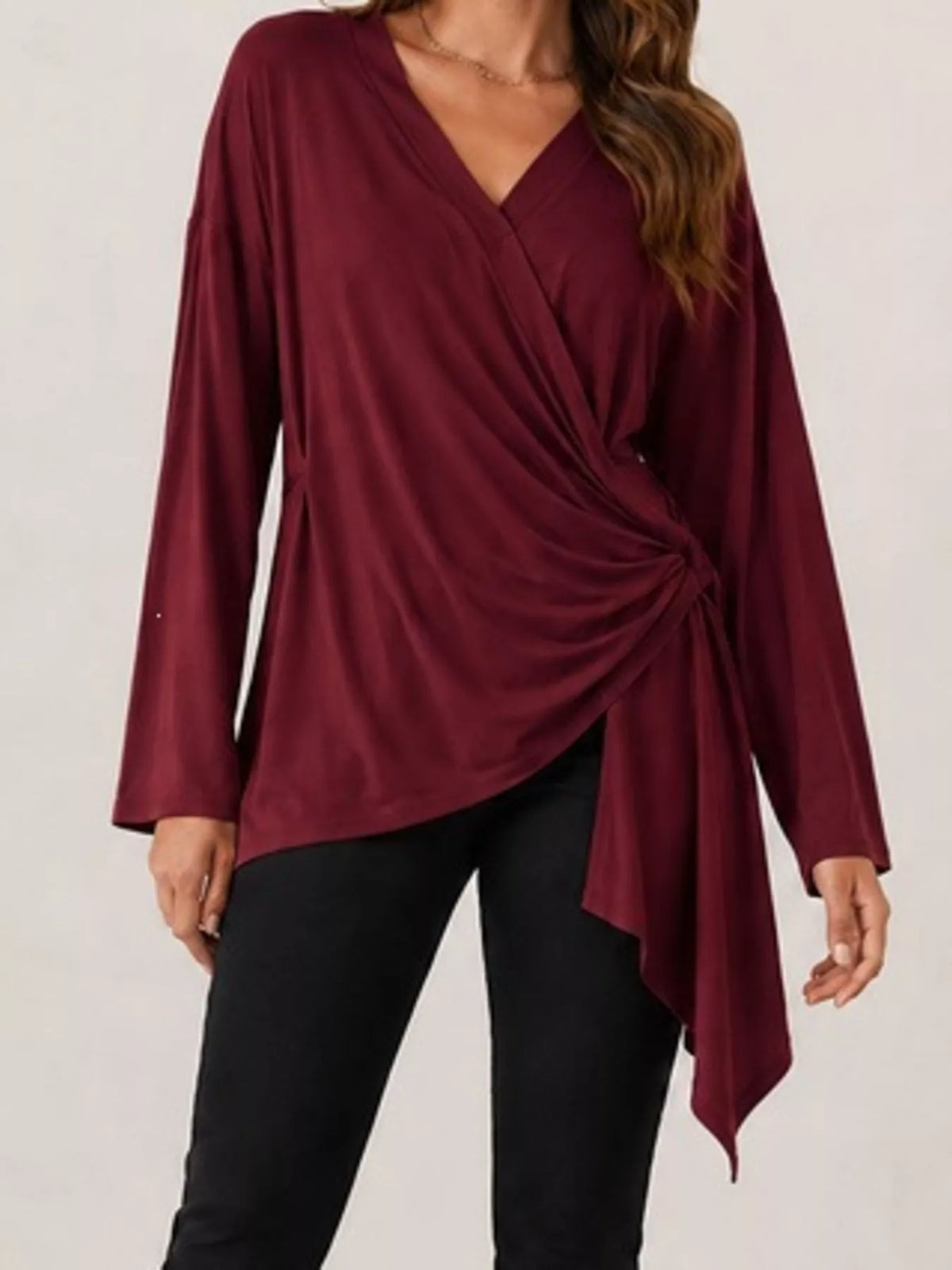 Long Sleeve Wrap T-Shirt with Side Knot Detail