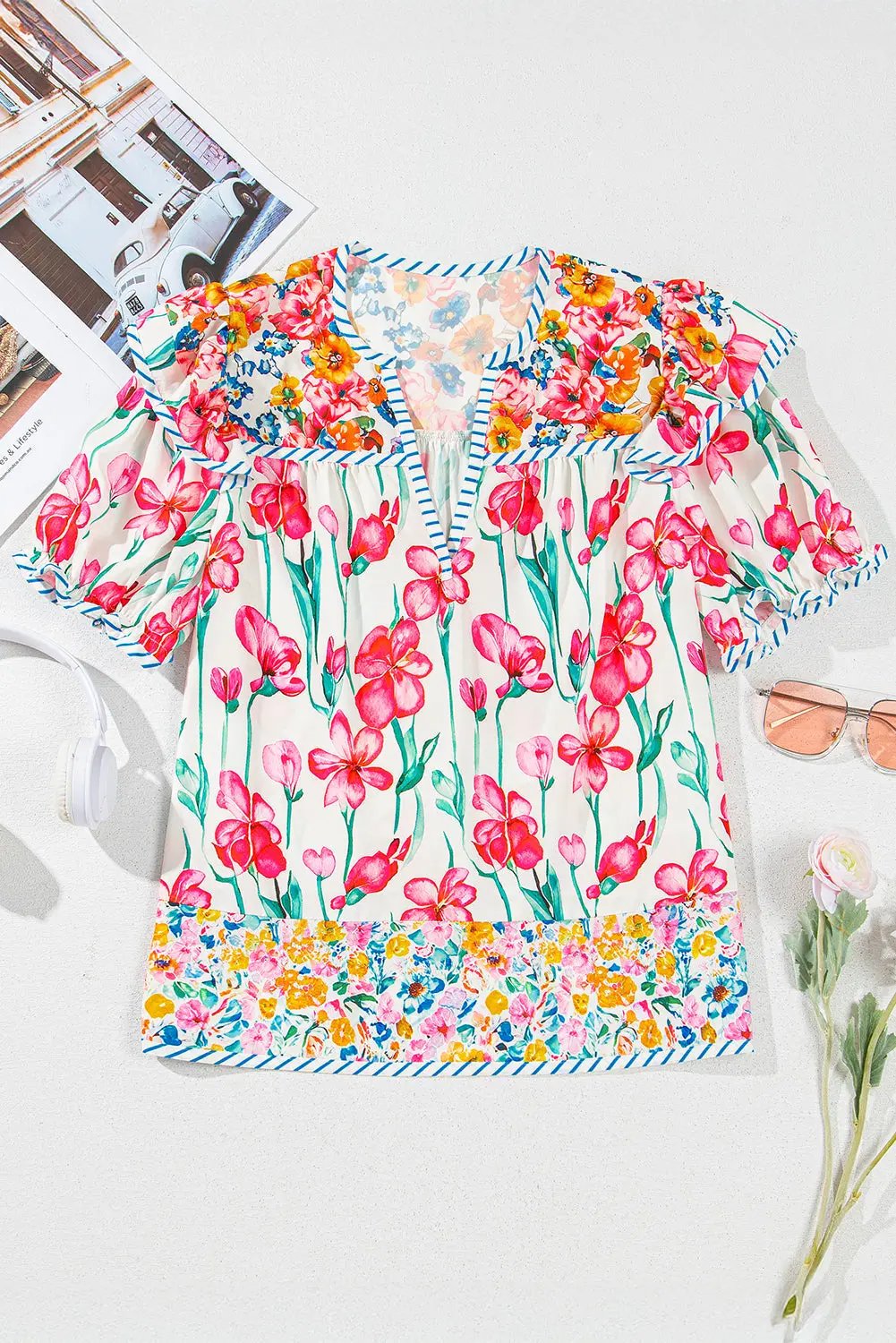 Women's Blouse - Floral Print & Striped Trim - Southern Belle Style