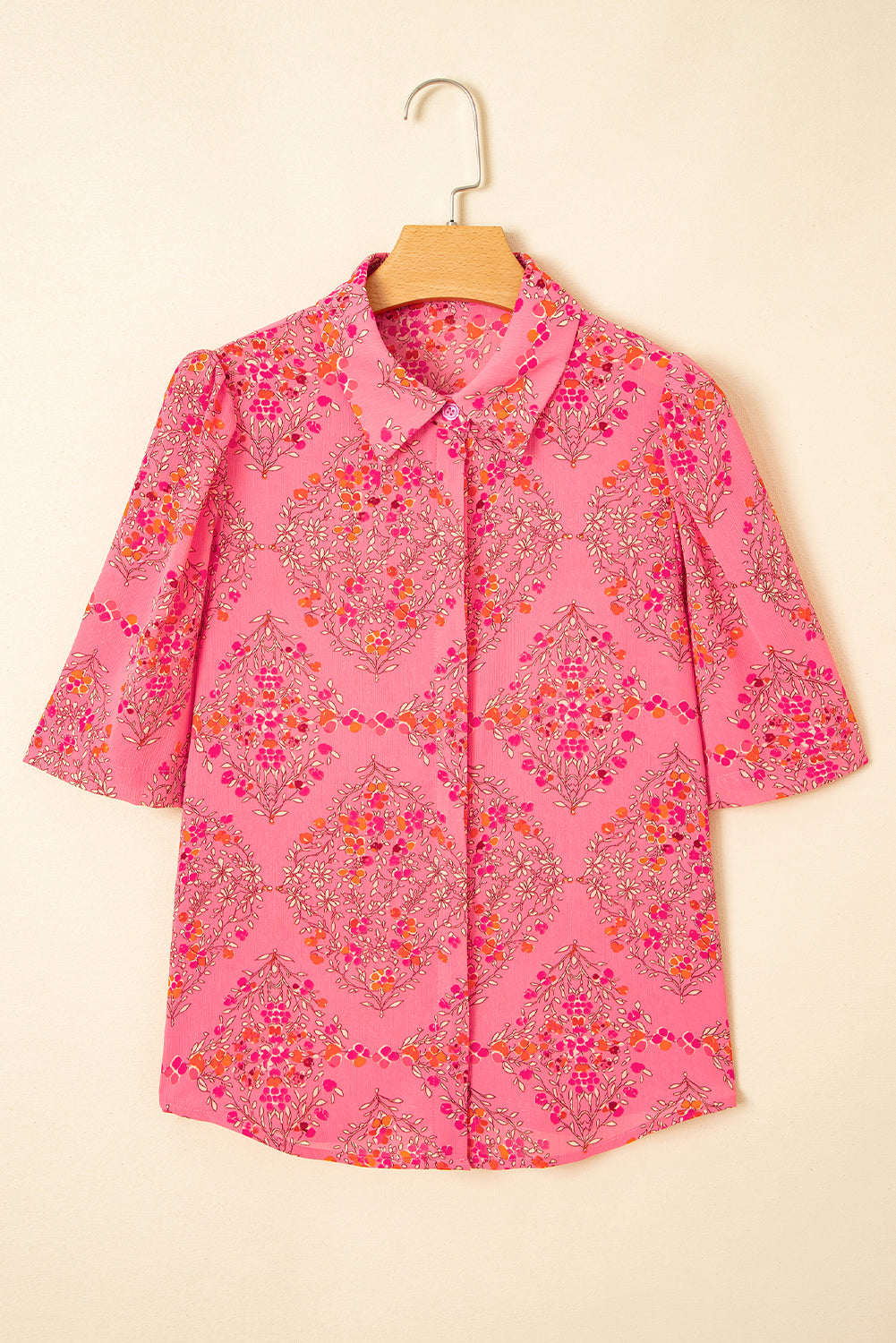 Camisa suelta de manga corta ancha con estampado floral rosa roja