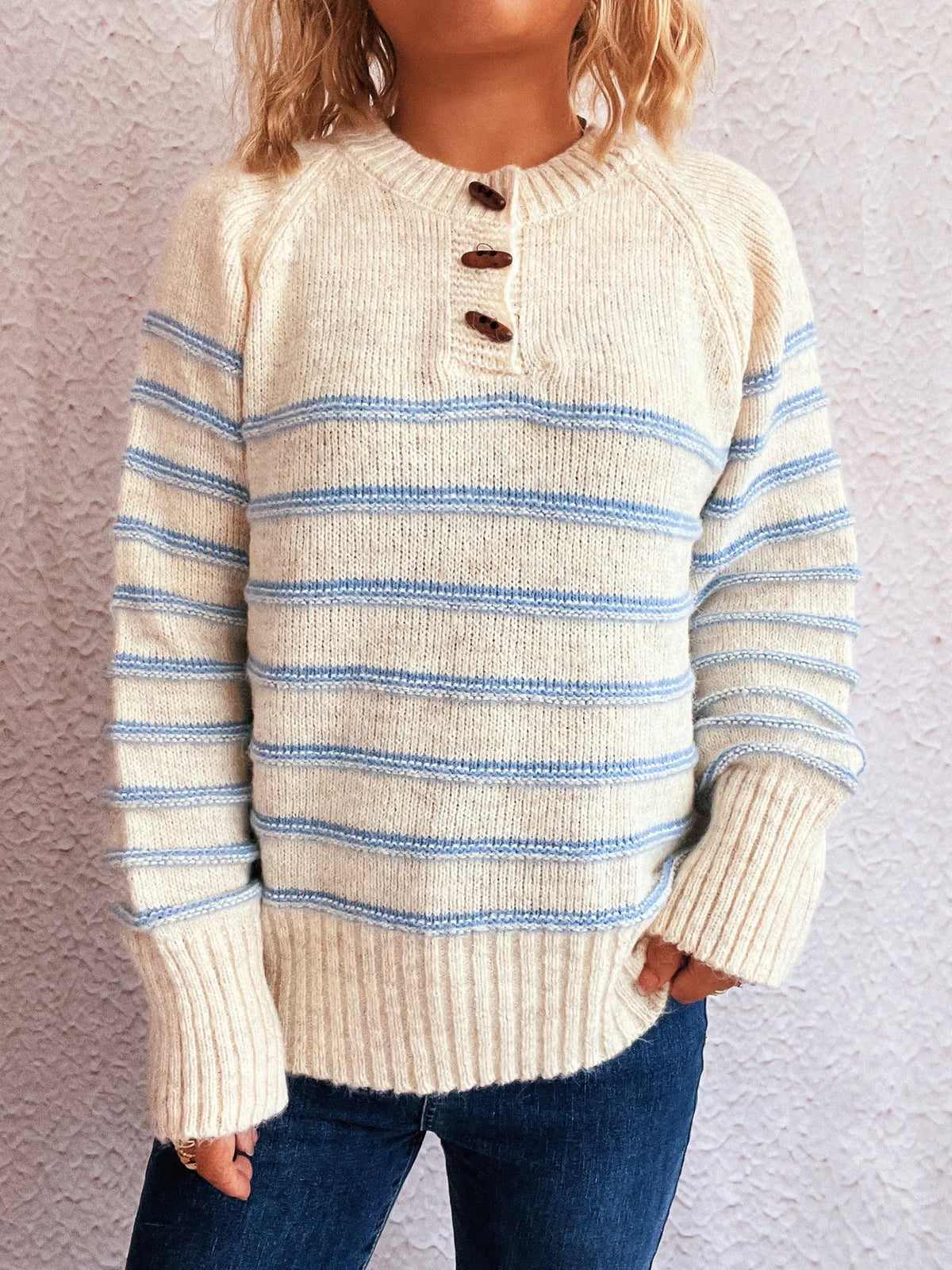 Striped Button Detail Long Sleeve Sweater