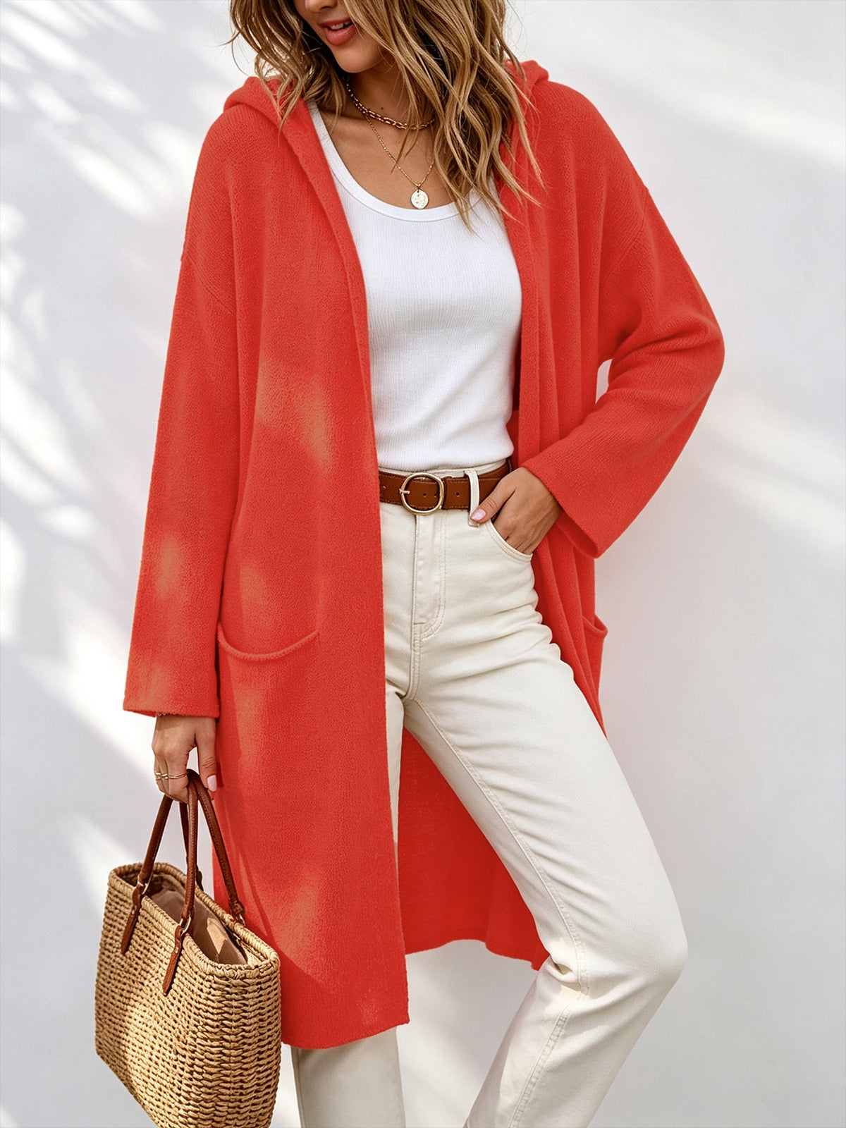 Spring Fall Daily Hooded Long Cardigan, Ladies Oversized Open Front Knit Coat Acrylic Fabric