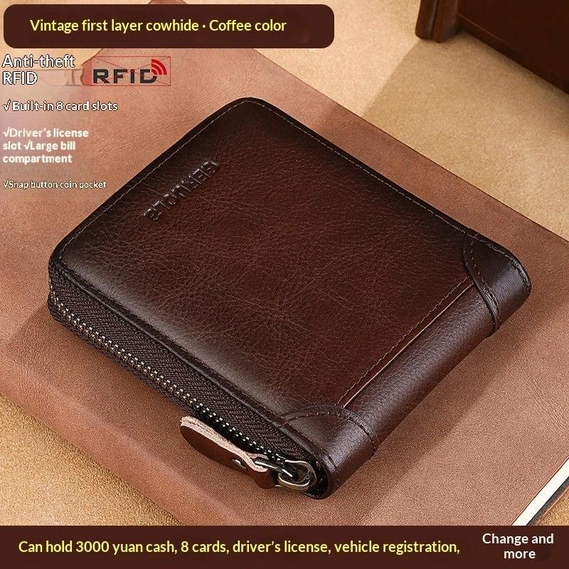 Men's Cowhide Wallet With Multiple Card Slots And A Zipper