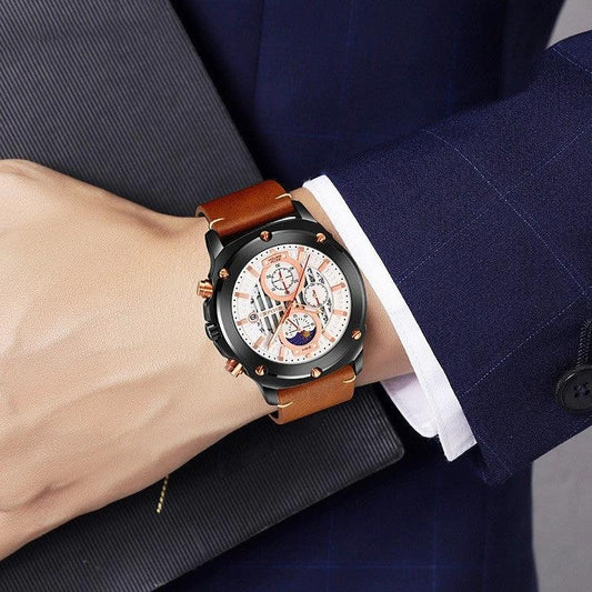 Reloj de Cuarzo de Moda para Hombre con Correa de Cuero, Tres Ojos y Seis Agujas