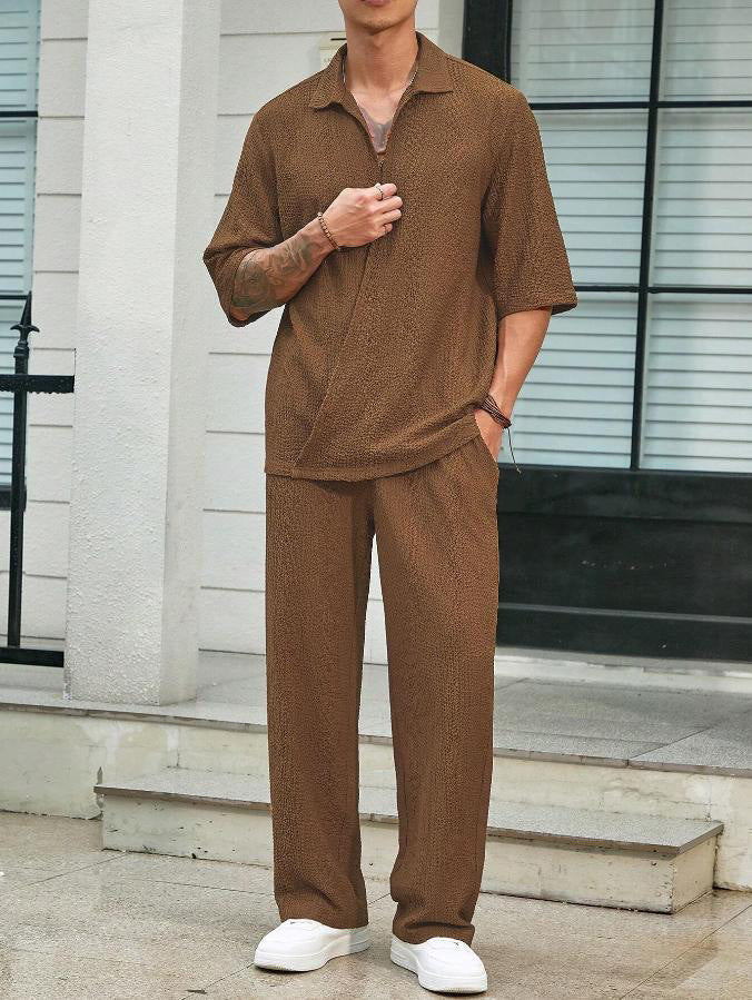 Trajes de Cercanías Camisa de Manga Corta y Pantalón Recto Suelto Atuendos Casuales Ropa de Hombre para Exteriores