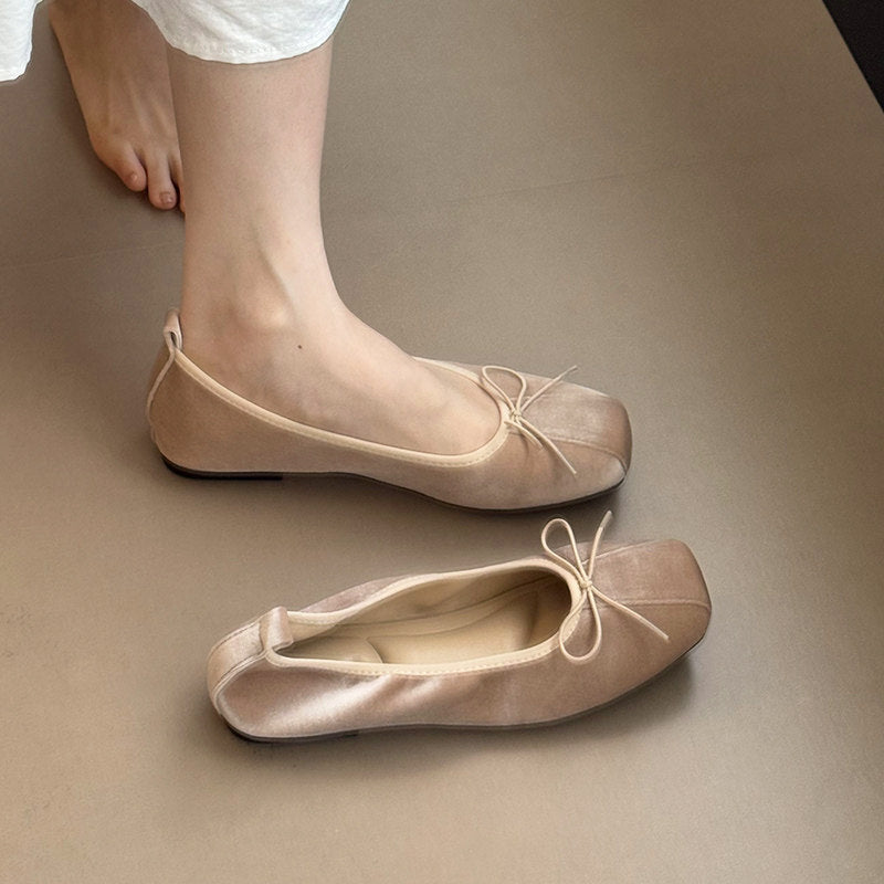 Women Square Toe Soft Leather Bow Decor Ballet Flats, Elegant Shallow Cut Slip-on Casual Shoes