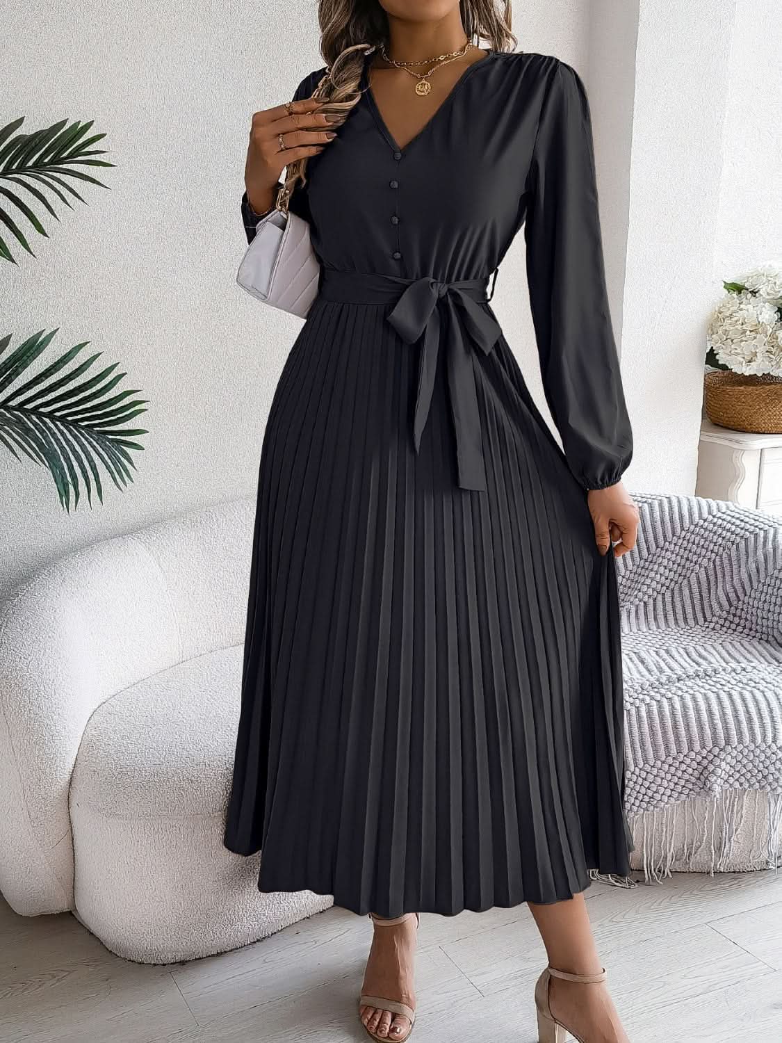 Dresses Trendsi V-Neck Dress Women's Elegant Long Sleeve Sheer Tie Dress Fashion