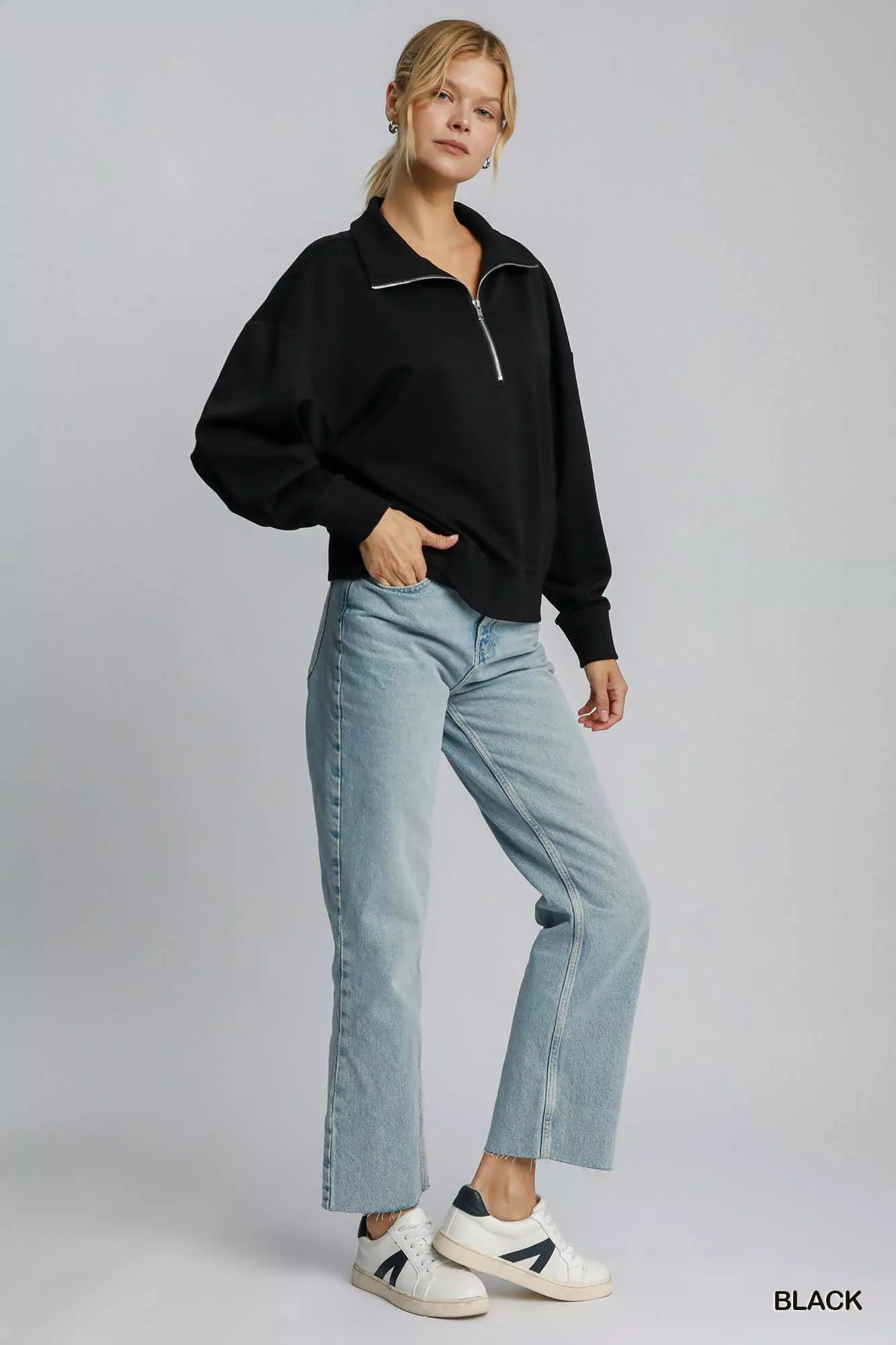 Sudadera Umgee con Media Cremallera y Hombros Caídos