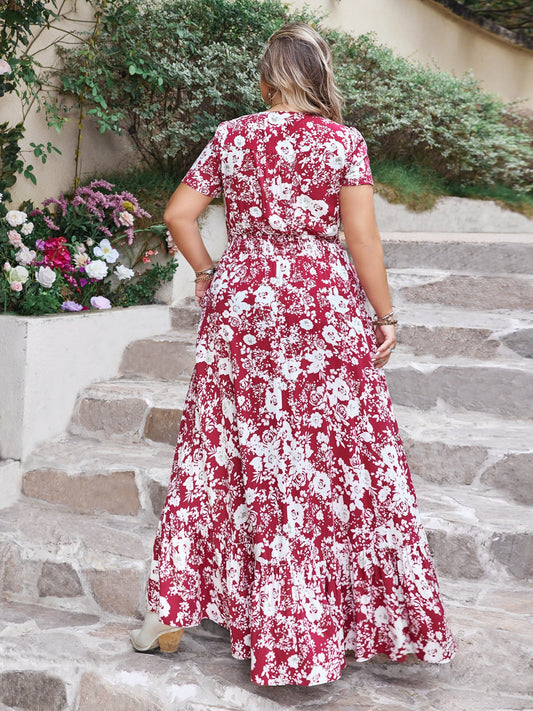 Vestido maxi con estampado y abertura, cuello de pico, talla grande