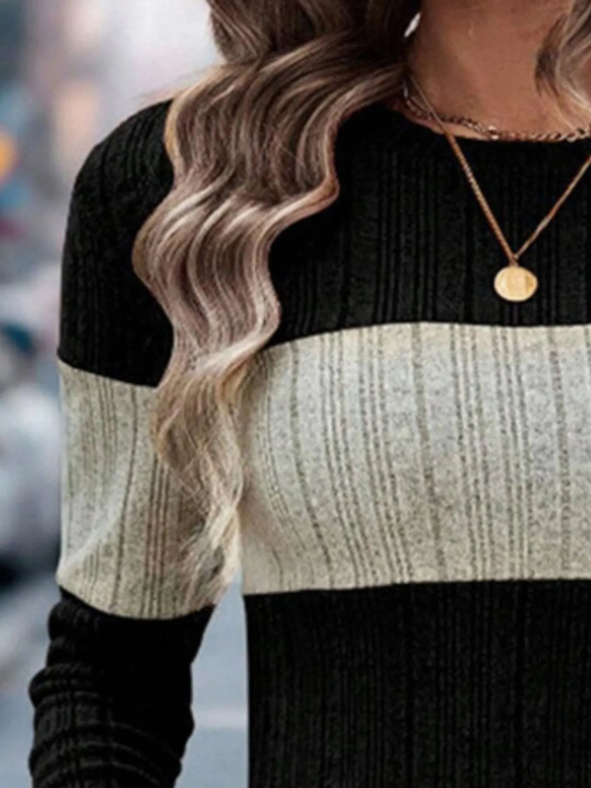 Color Block Round Neck Long Sleeve Sweater