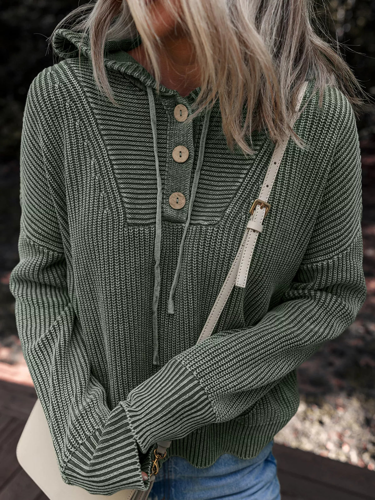 Mineral Wash Ribbed Knit Button Drawstring Neck Hooded Sweater