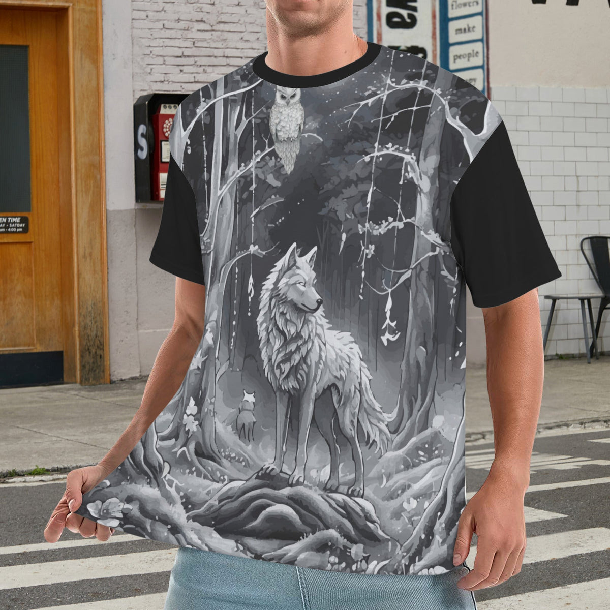 Men's Wolf in Moonlit Forest All Over Print Ribbed Collar T-Shirt