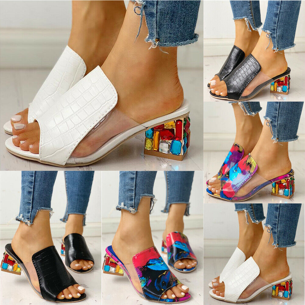 Fish Mouth Rhinestone Thick Heel Sandals