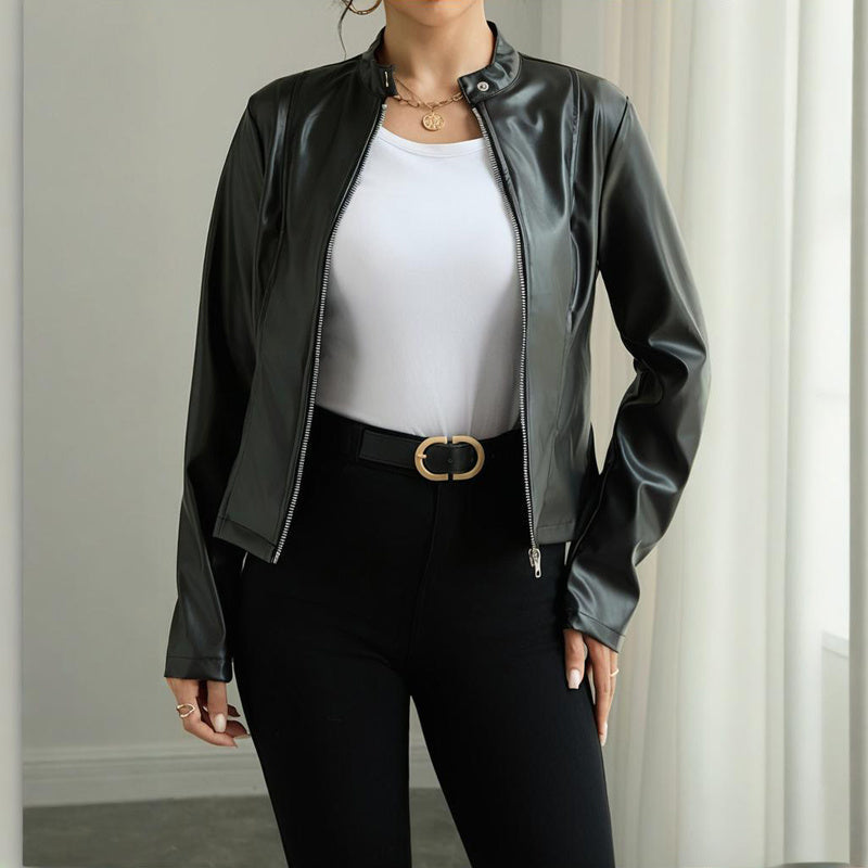 Blazer de piel sintética de manga larga y cuello alto de color liso para mujer