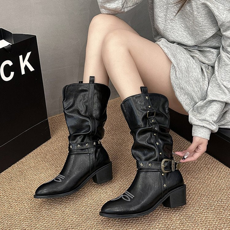 Women Western Cowboy Mid Calf Boots Star Embroidery Antique Metal Buckle Straps Slouch Ruched Shaft Faux Leather Snip Pointed Toe Block Heel Pull On Retro Cowgirl Fall Winter Boots