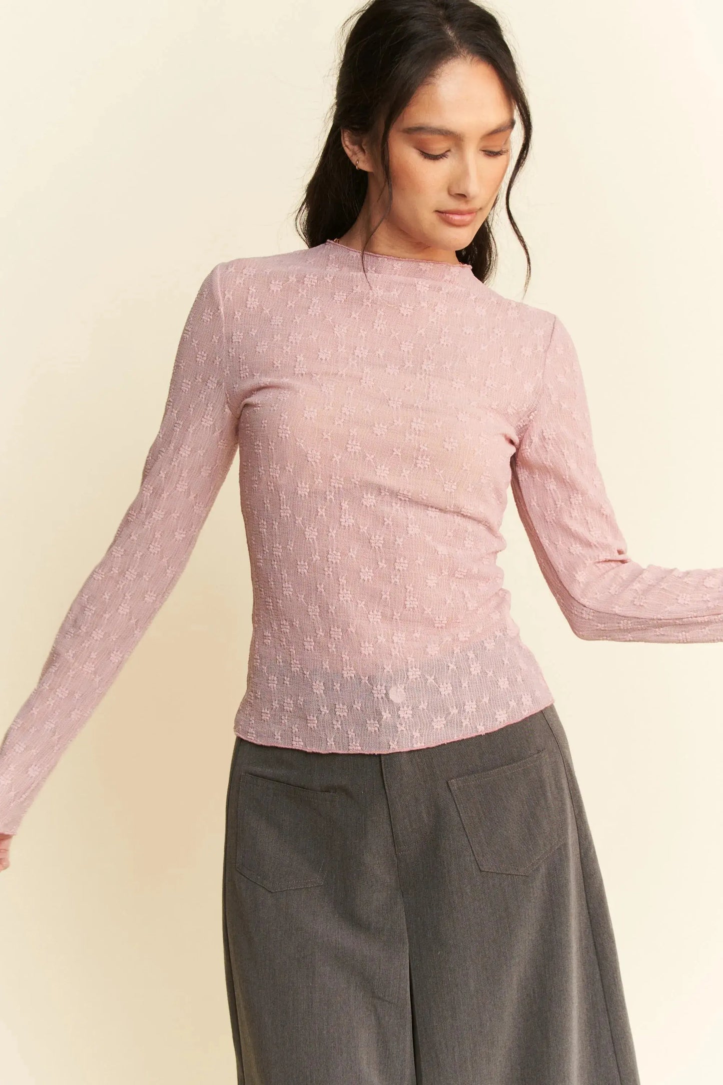 Women's Lace Top Sheer Lace Top - Embroidered Bows - Women's Long Sleeve