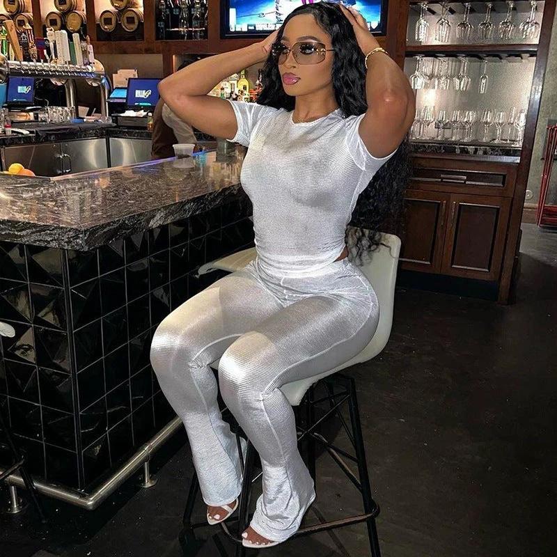 Cross-border European And American Foreign Trade 2024 Fall Women's Clothing New Slim Fit Figure Flattering Short Sleeve Top High Waist Casual Trousers Suit