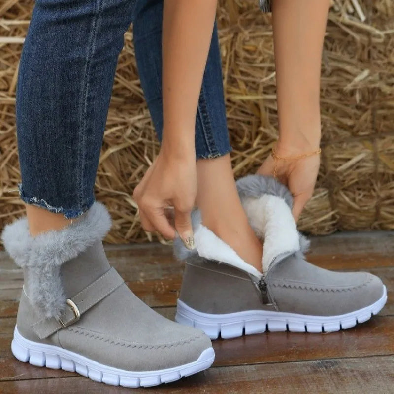 Botas de Nieve Nuevas Botines Gruesos Cálidos de Invierno de Color Sólido con Peluche y Diseño de Hebilla Zapatos Planos de Terciopelo para Mujer