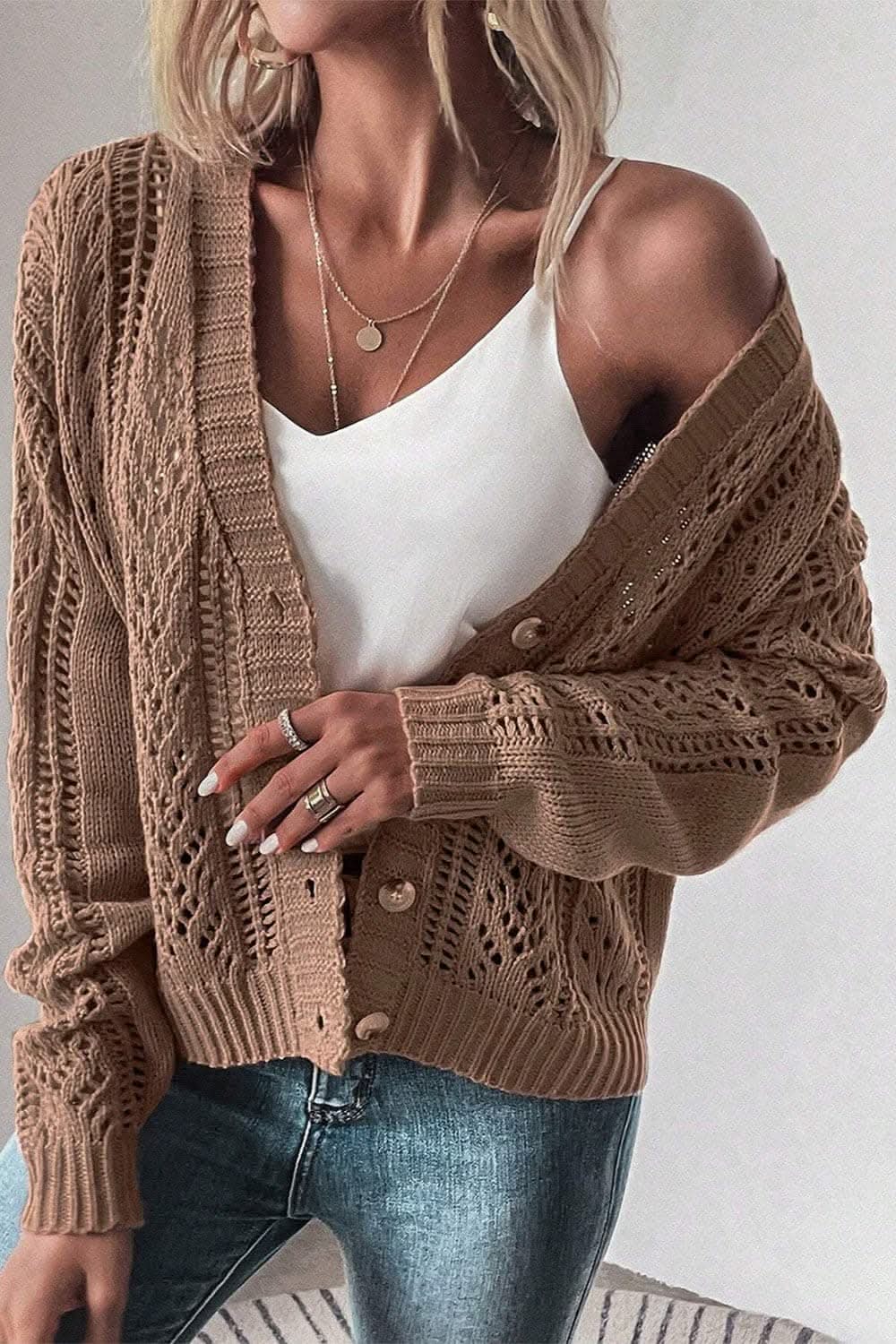 Cotton Blend Openwork Cardigan by Trendsi | Peacock Blue