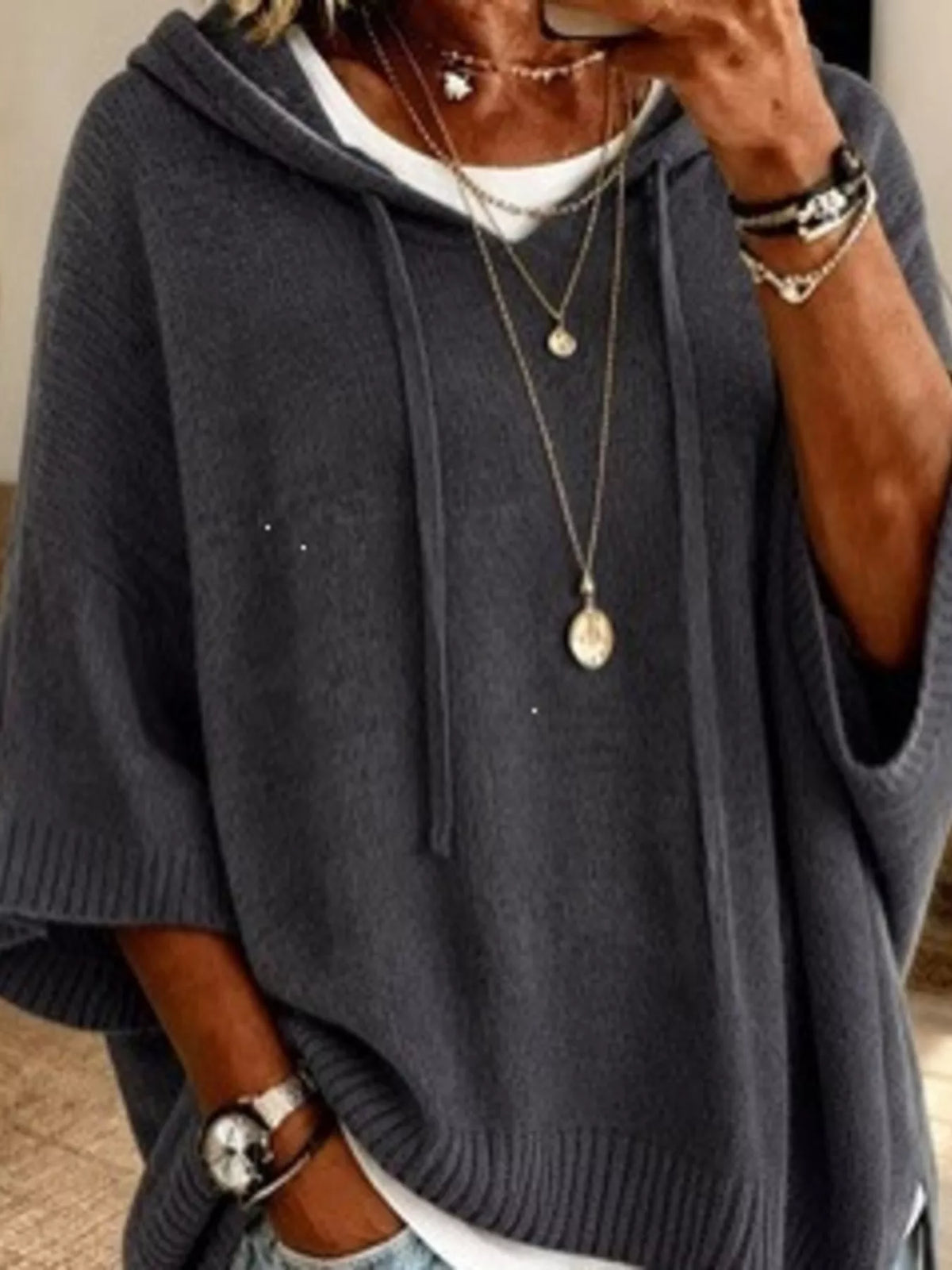 Full Size Drawstring 3/4 Sleeve Hooded Sweater Plus Size
