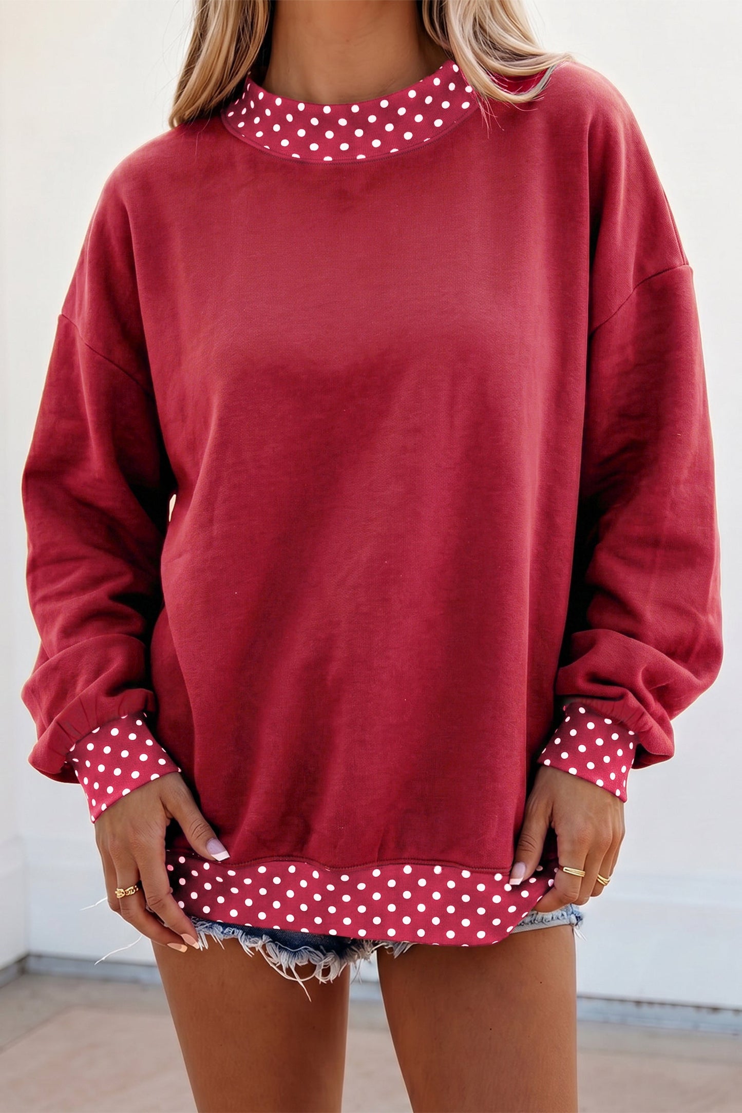 Brown Colorblock Polka Dot Contrast Trim Oversized Sweatshirt