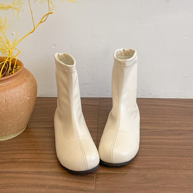 Women's Off White French Style Ankle Boots Chunky Head Martin Boots Brown Slim Fit Short Boots