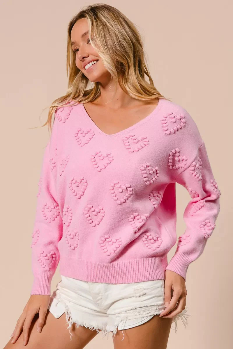 Top de punto con escote en V y pompón de corazón "BiBi Valentines"