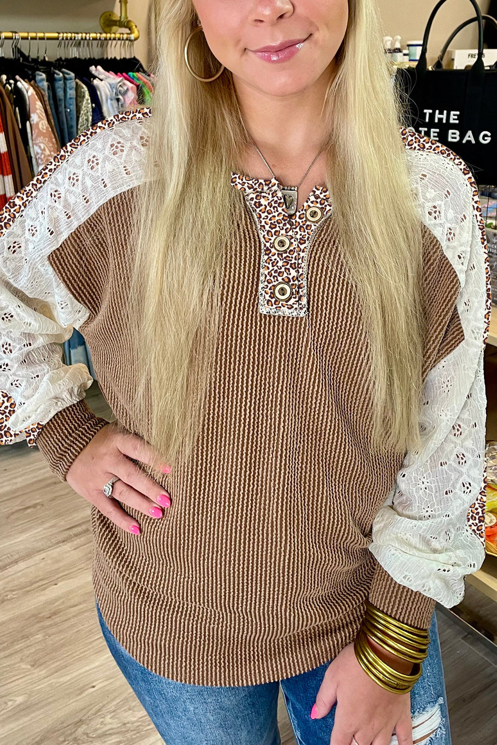 Vineyard Green Texture Patchwork Lace Sleeve Leopard Henley Top