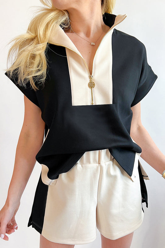Conjunto de camiseta y pantalón corto con cremallera y cuello alto en contraste negro