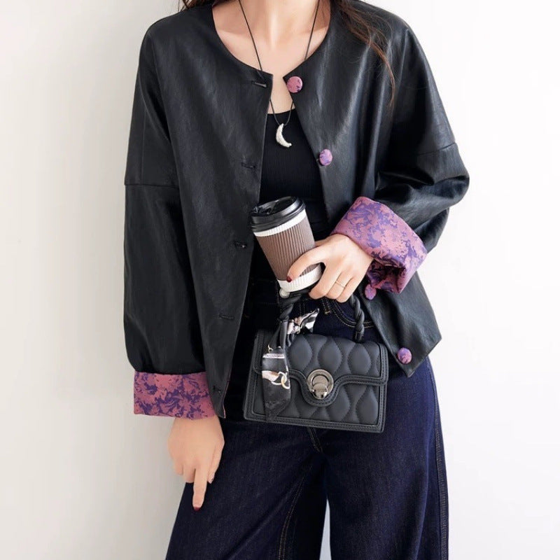 Retro Chinese-style Jacquard Patchwork Leather Jacket