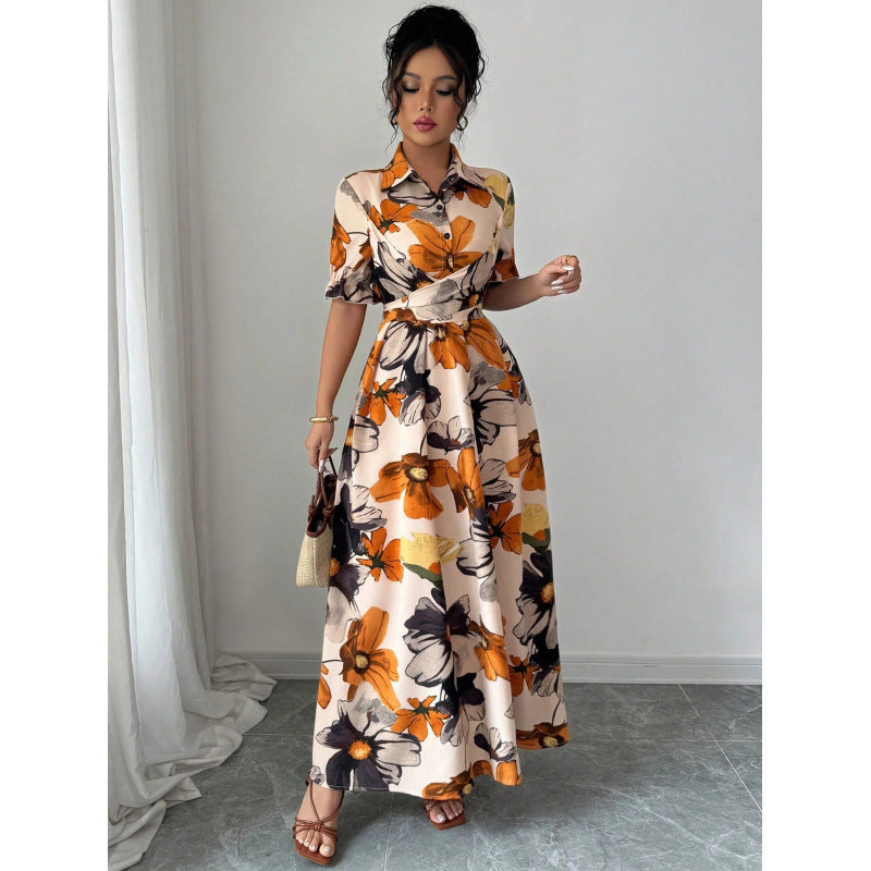 Vestido estampado de mujer con mangas abullonadas – Estilo con cuello de blusa y lazo en la cintura