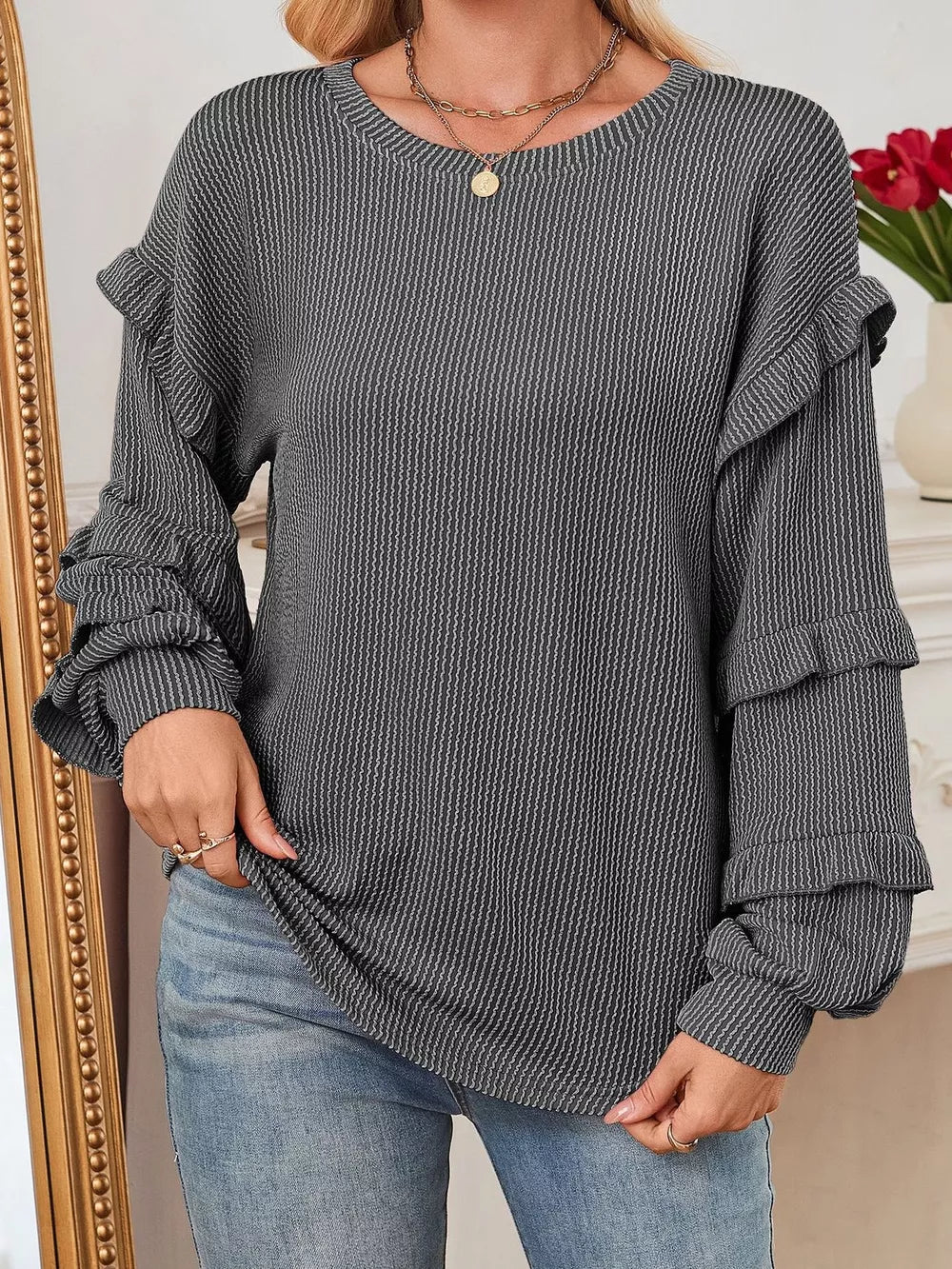 Round Neck Ruffled Long Sleeve Sweatshirt